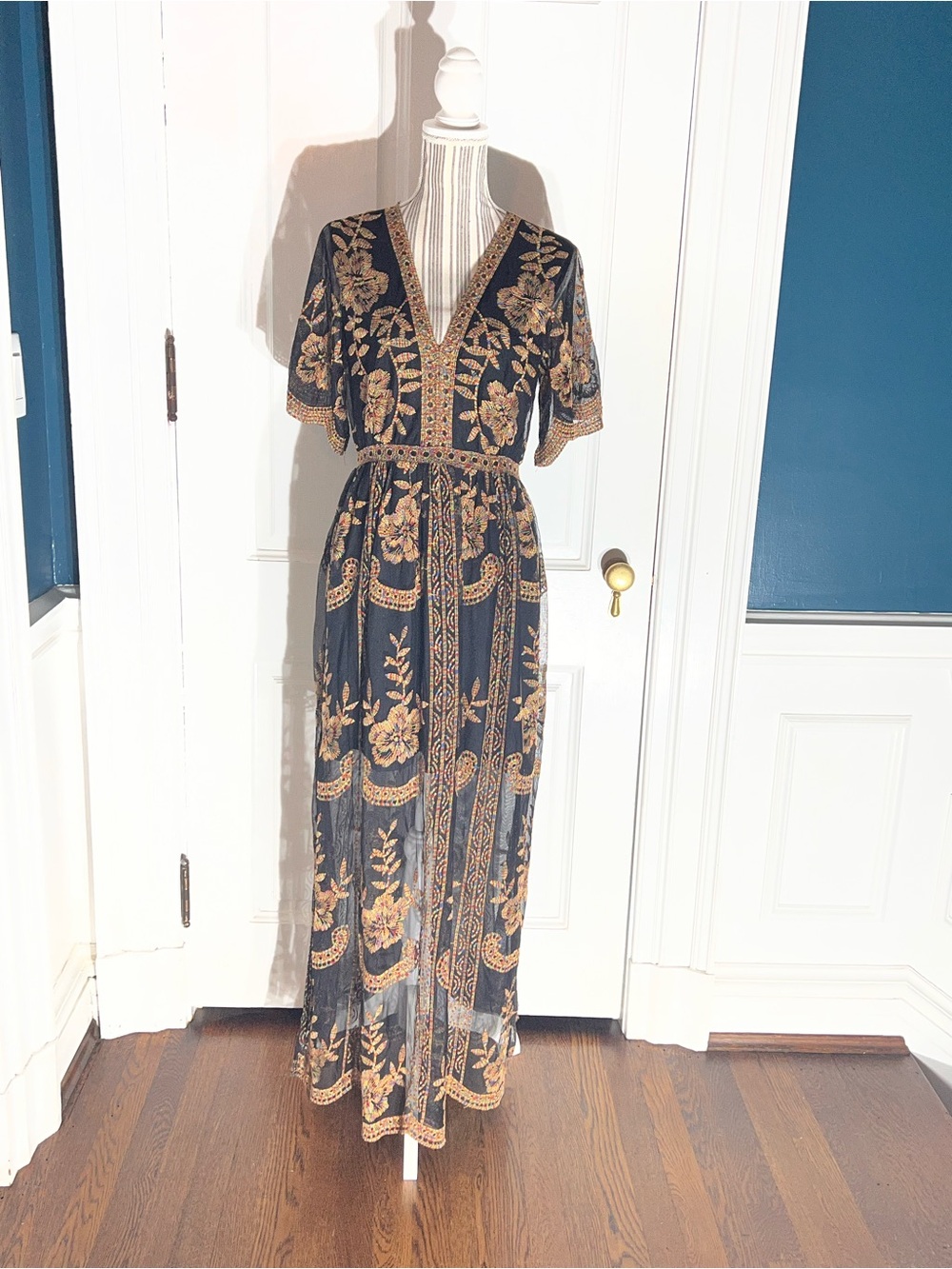 Bohemian Black Floral Embroidered Maxi Dress rainbow medium women’s DR3